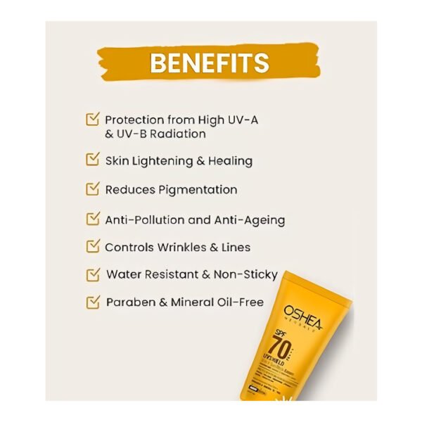 Oshea Herbals UVShield Sunscreen SPF 70 PA++ For All Skin Types | Non Sticky & Water Resistant | UVA & UVB Protection | Enriched with Watermelon & Avocado Extract 60g - Image 3