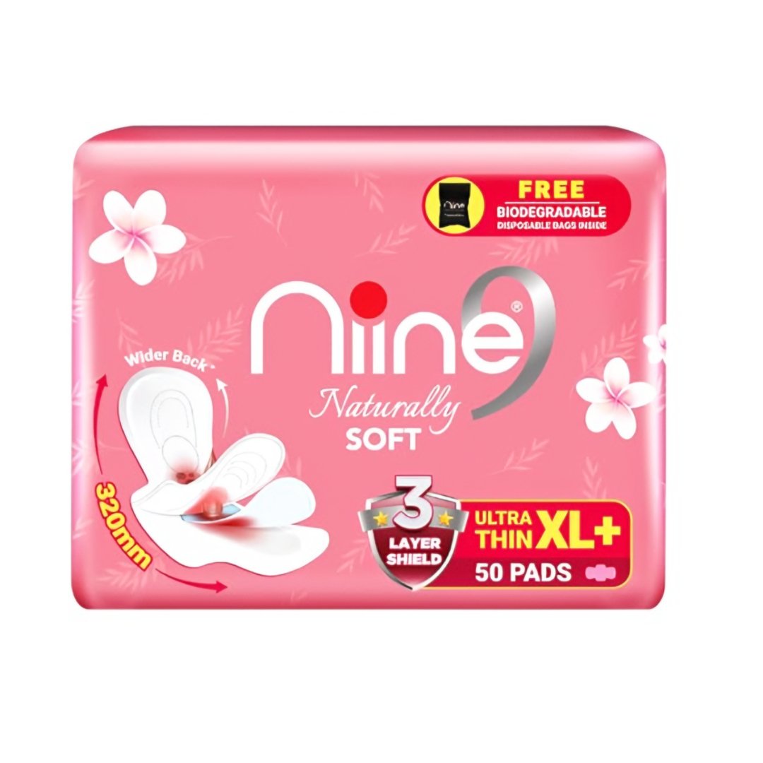 NIINE Naturally Soft Ultra Thin XL+ Sanitary Napkins*50 Pads 320mm Long|Cottony Soft Control Rashes|Long Lasting protection |Suitable for Heavy Flow with Free Biodegradable Disposal Bags (Pack of 1) 50 Pads